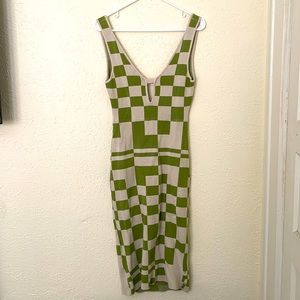 Checked knit vintage style midi dress scoopback cut out green